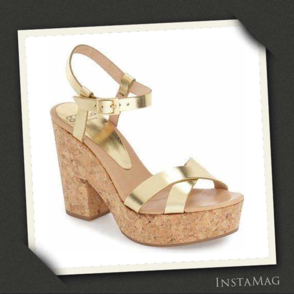 ANDRE ASSOUS Gold Leather Cork Platform Sandals